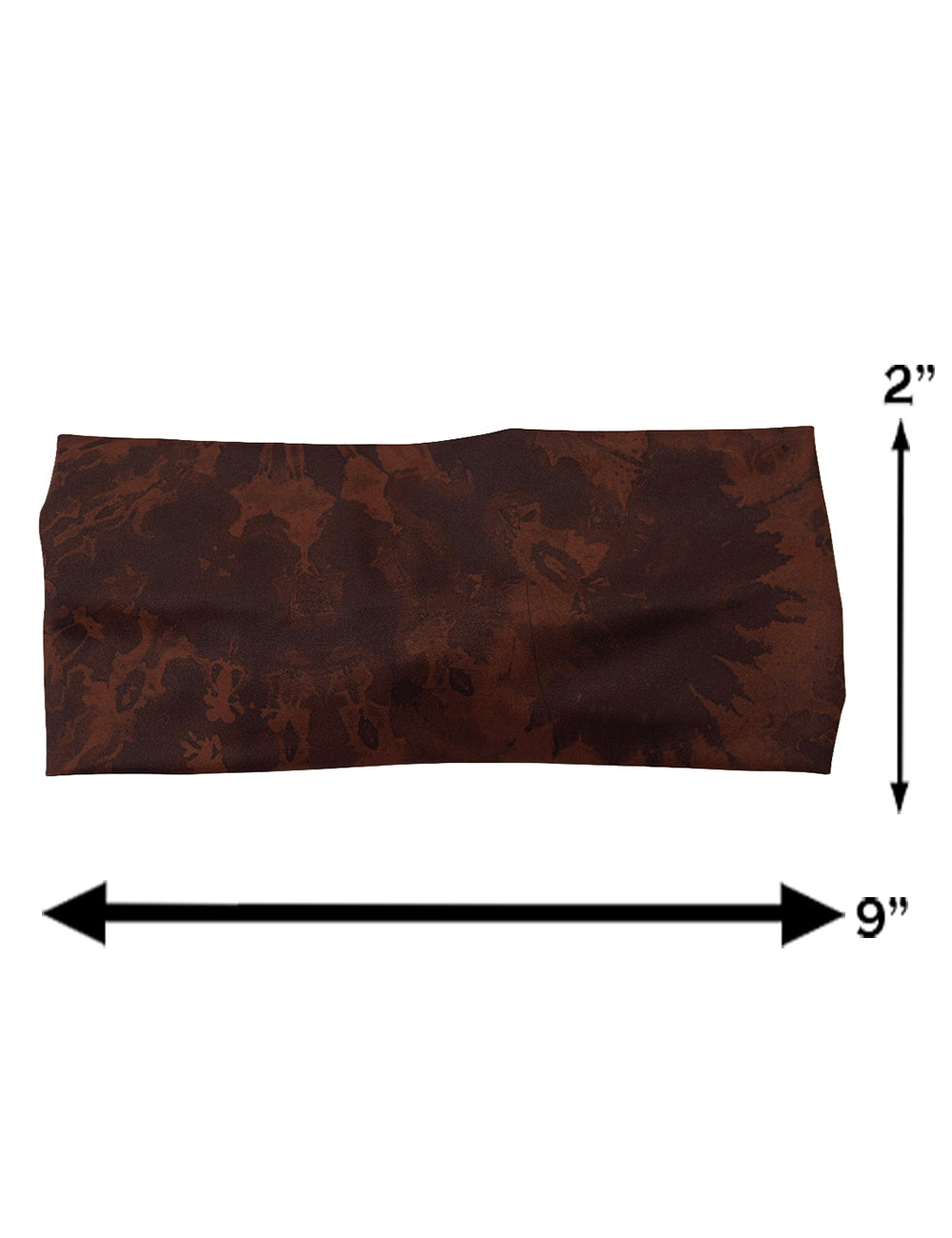 measurement's for the brown tie dye headband, dimensions are 2 inches by 9 inches