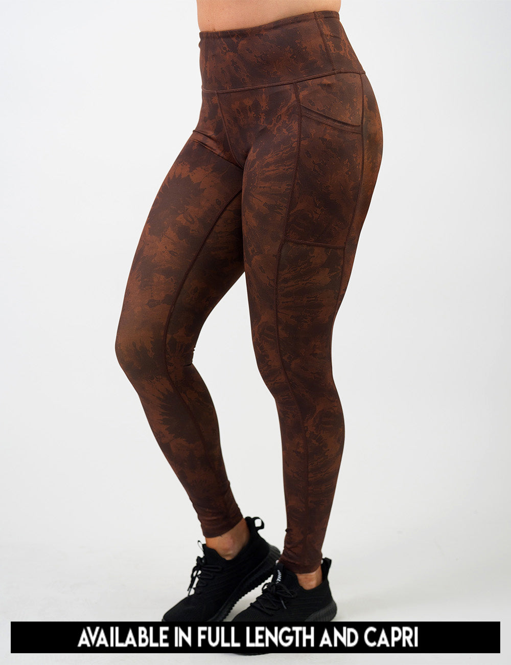 available lengths for the brown tie dye leggings, lengths include full length and capri