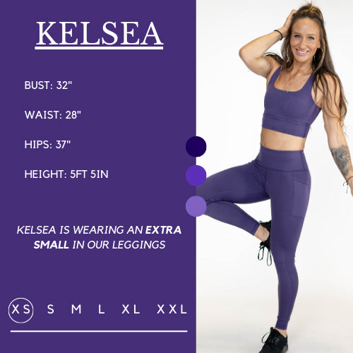 Model's measurements of 32 inch bust, 28 inch waist, 37 inch hips, and height of 5 foot 5 inches. She is wearing a size extra small in these leggings.