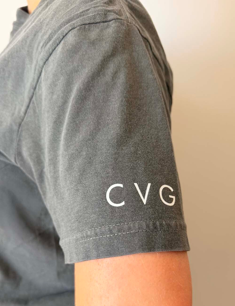 close up of the grey modern tee with the CVG logo on the sleeve