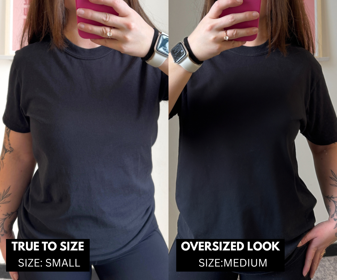 side by side fit comparison photo of the model wearing two solid black tee shirts