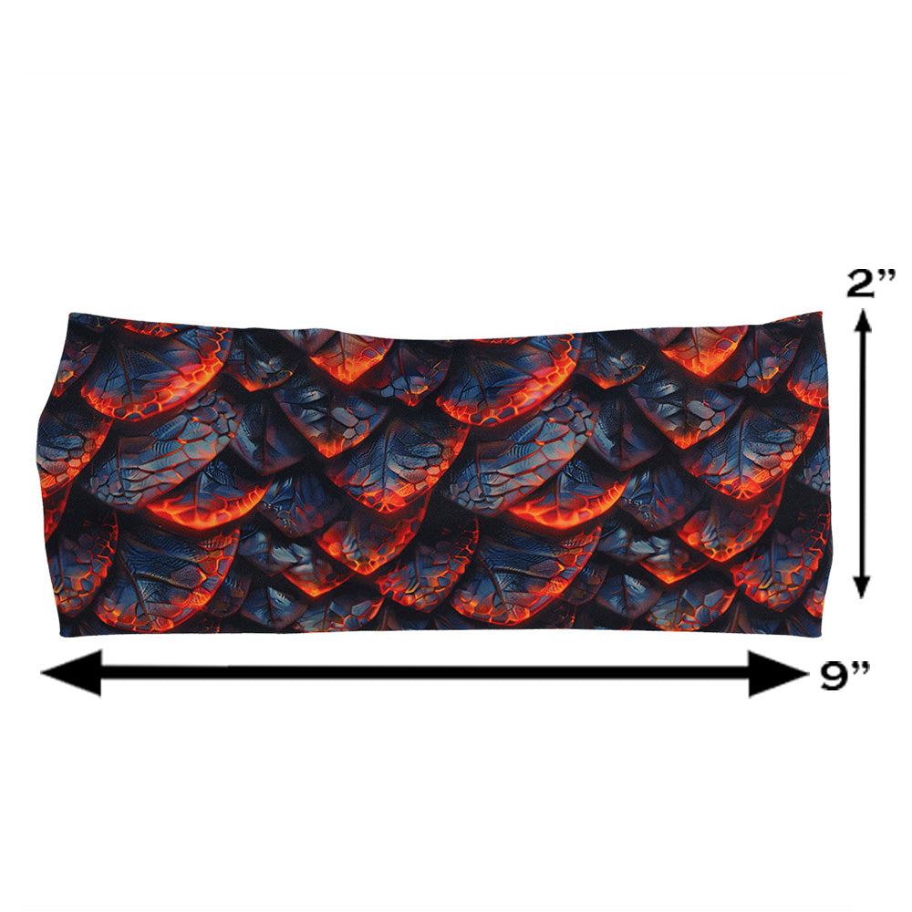 lava and dragon scale patterned headband measured at 2 by 9 inches