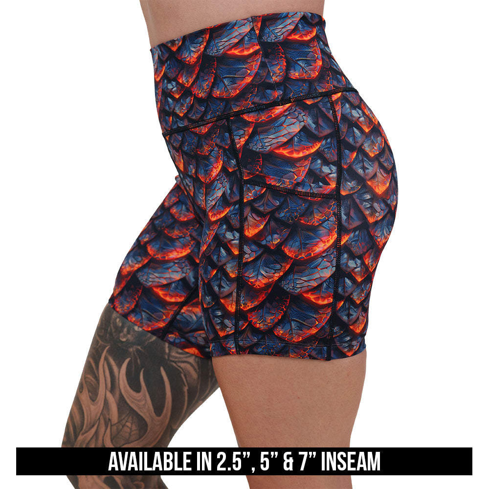 lava and dragon scale patterned shorts available in 2.5, 5 & 7 inch inseams