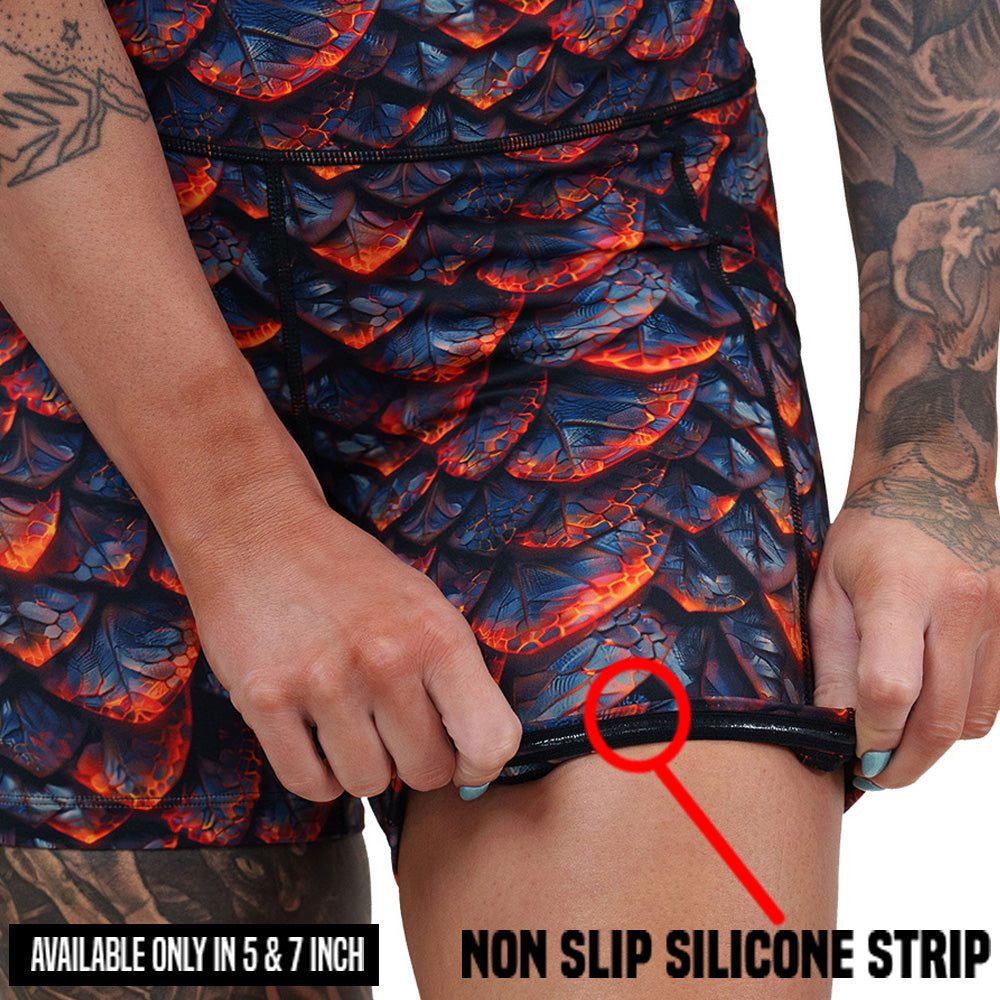 non slip strip on the lava and dragon scale patterned shorts