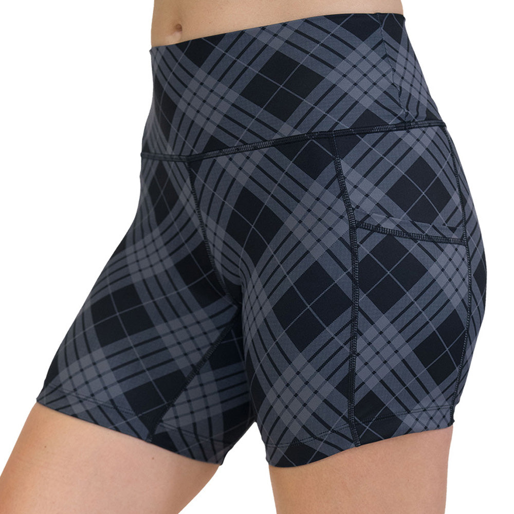 Plaid patterned shorts on a white background