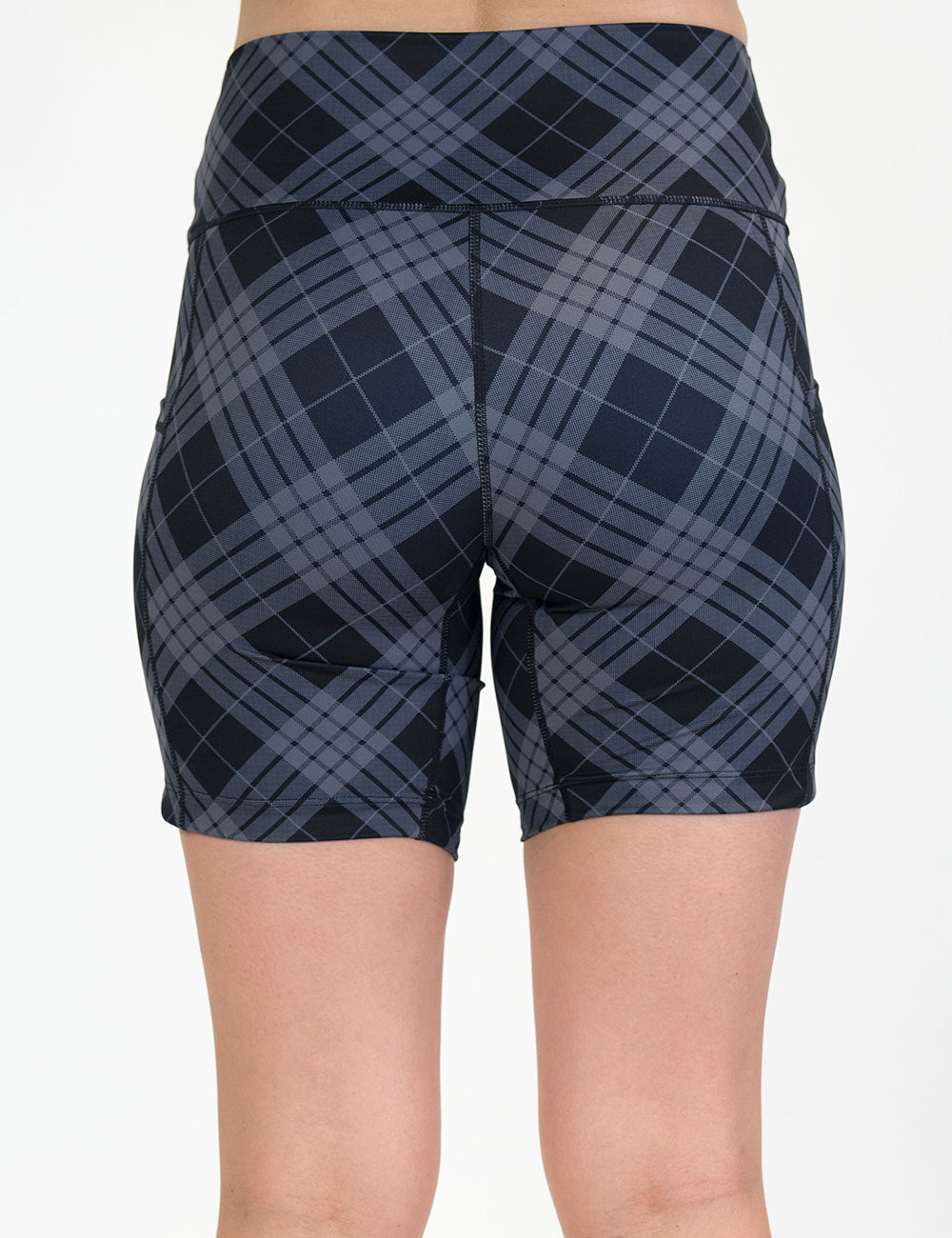 back of the 7 inch monochrome colored plaid shorts against a white background
