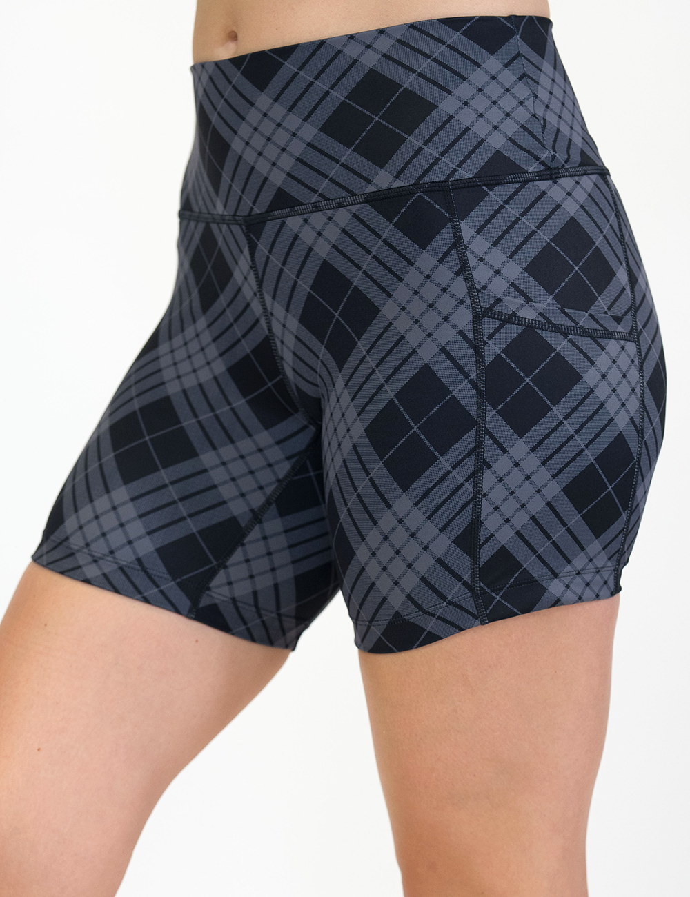 front of the monochrome plaid 5 inch shorts against a white background