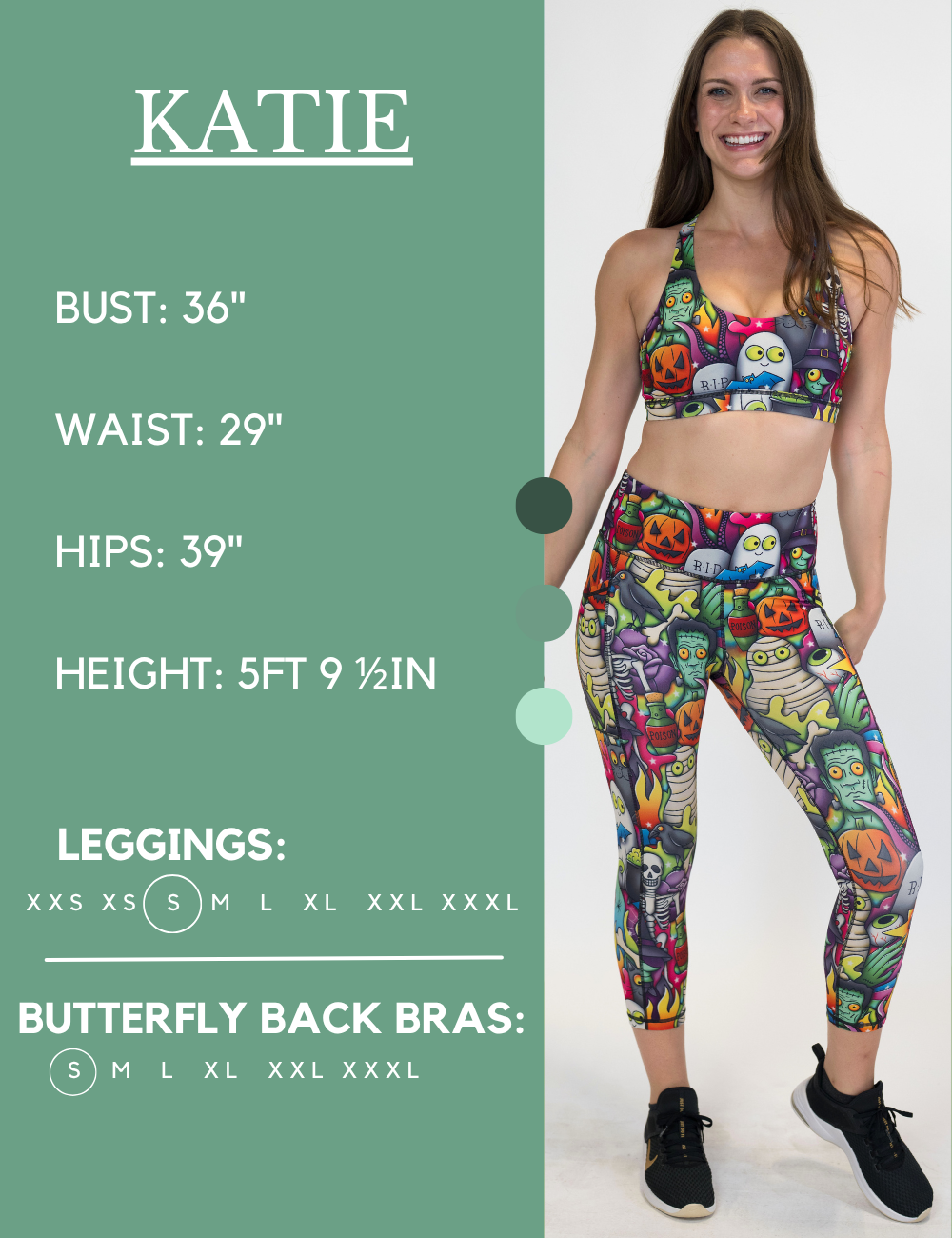 Model’s measurements of 36” bust, 29” waist, 39” hips and height of 5 ft 9 1/2 inches. She is wearing a size small in our leggings