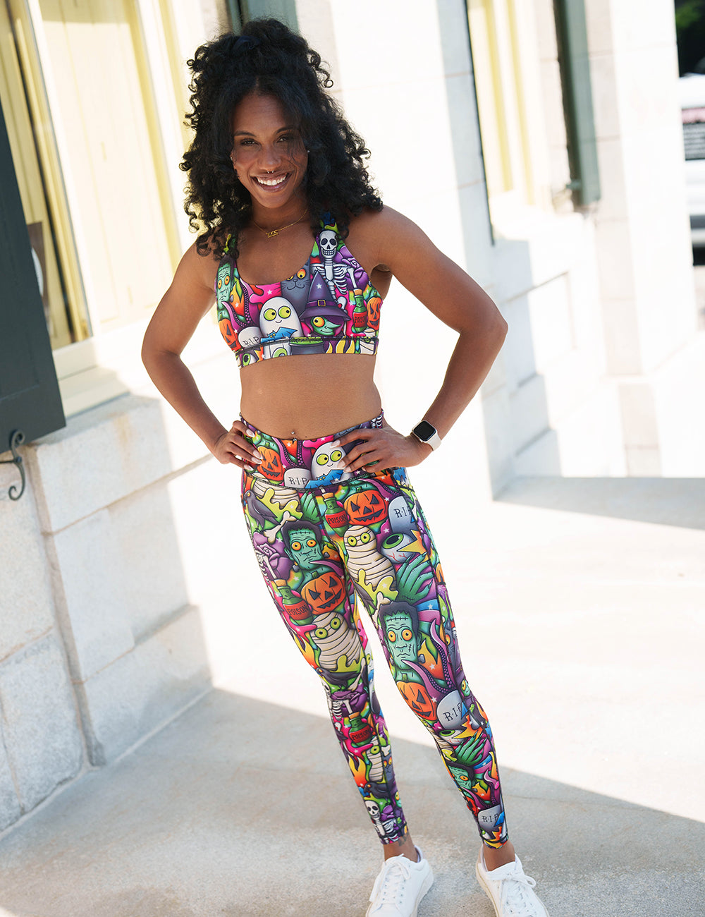 model wearing the Halloween characters full length leggings and bra