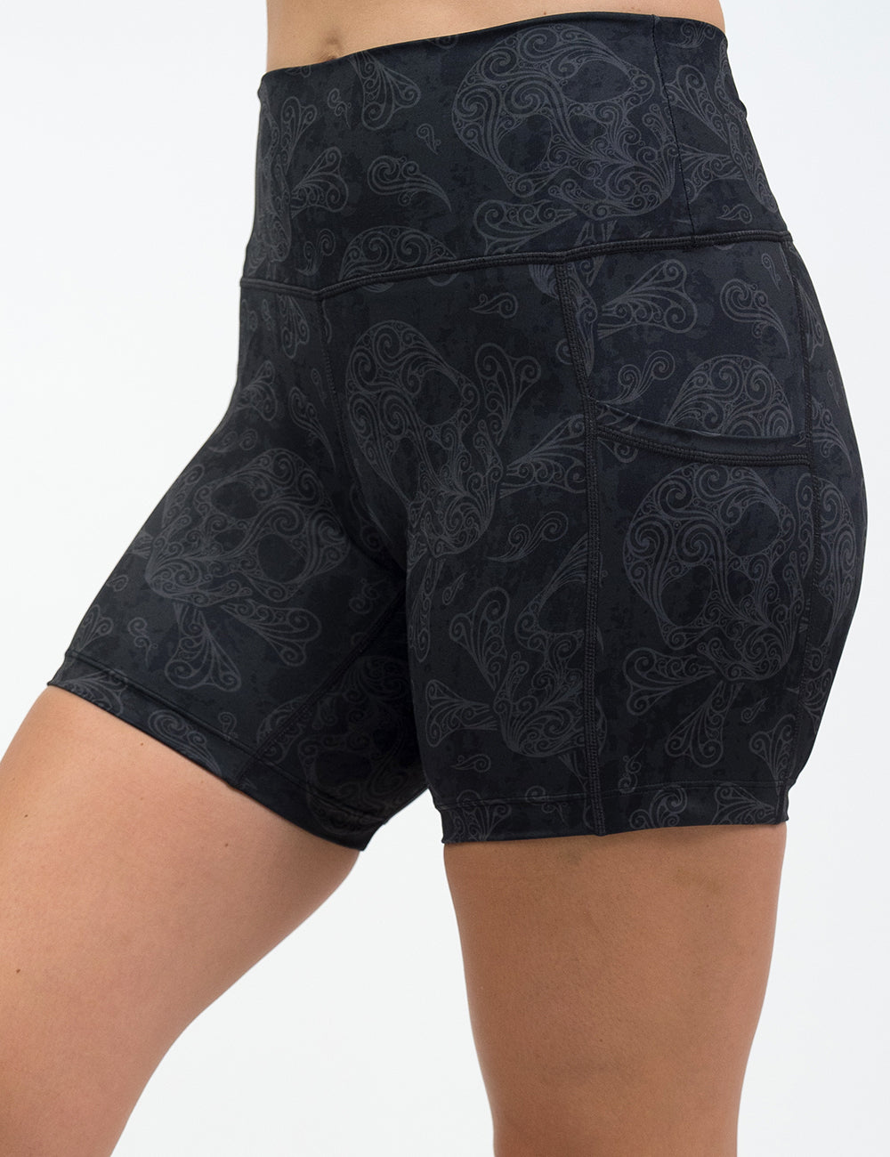 front of the 5 inch dark skull pattern shorts against a white background