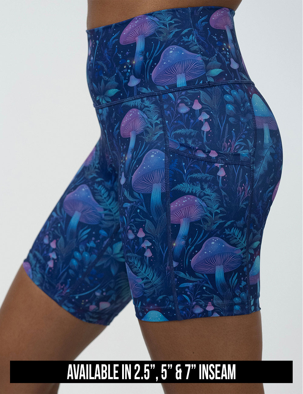 available inseam lengths for the blue and purple mushroom and foliage design shorts, lengths include 2.5, 5, and 7 inches