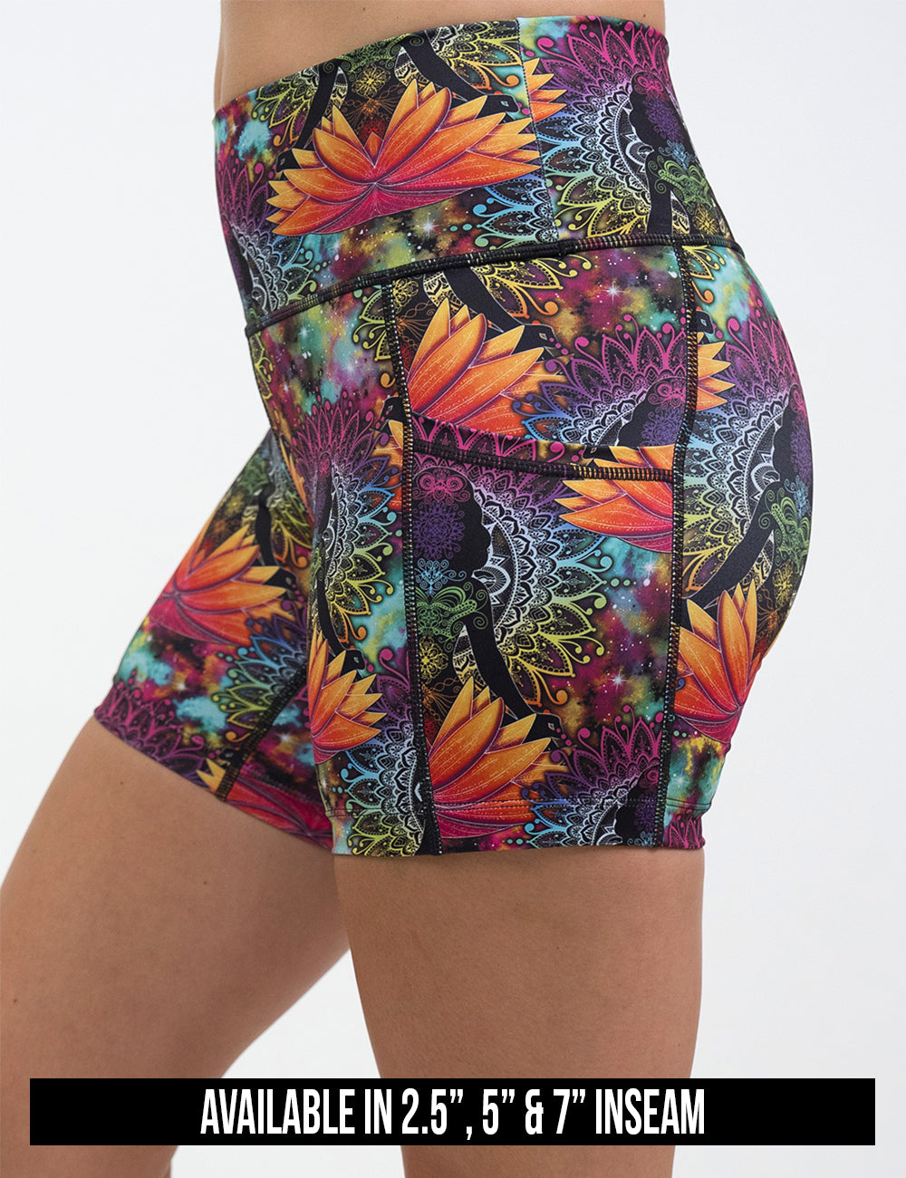 available inseam lengths for the colorful yoga lotus flower shorts, lengths include 2.5, 5, and 7 inches