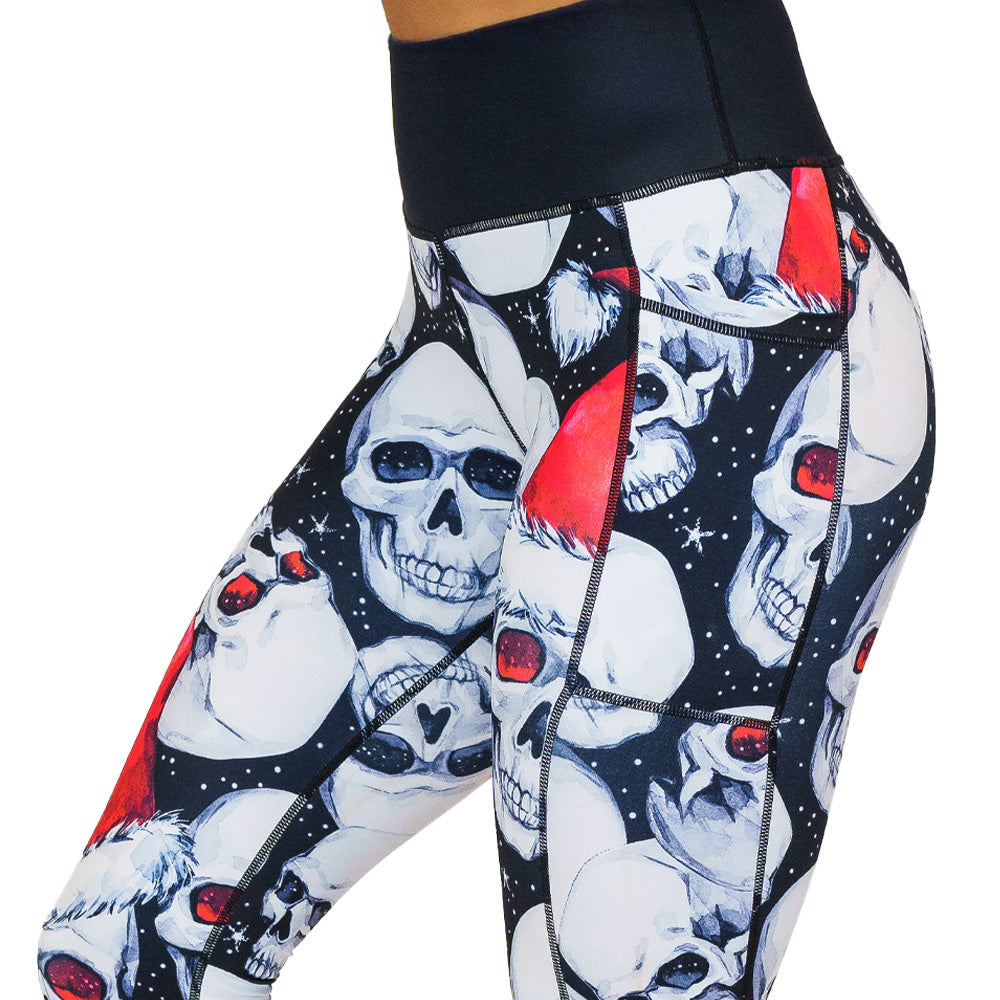 side view of santa skull print leggings
