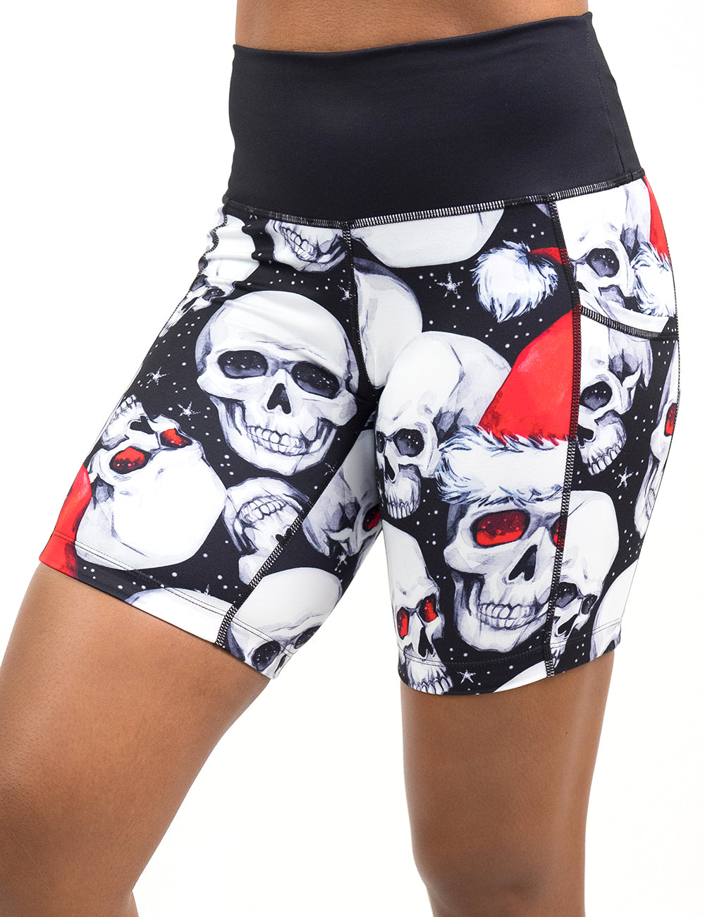 front of the 7 inch santa hat and skull pattern shorts against a white background