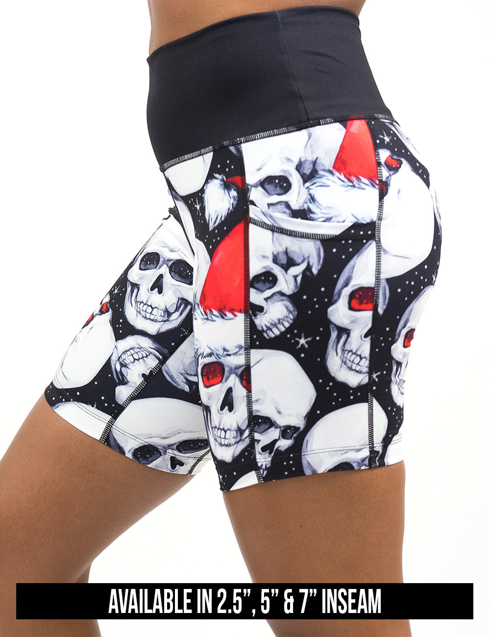 available inseam lengths for the santa hat and skull pattern shorts, lengths include 2.5, 5, and 7 inches