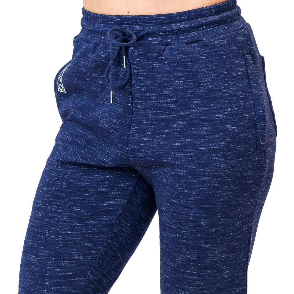 Blue jogger pants with a drawstring on a white background
