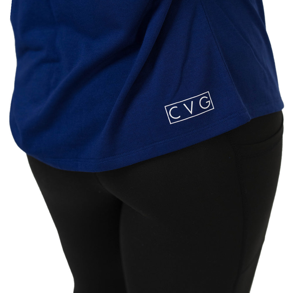 Blue shirt with 'CVG' logo on a white background