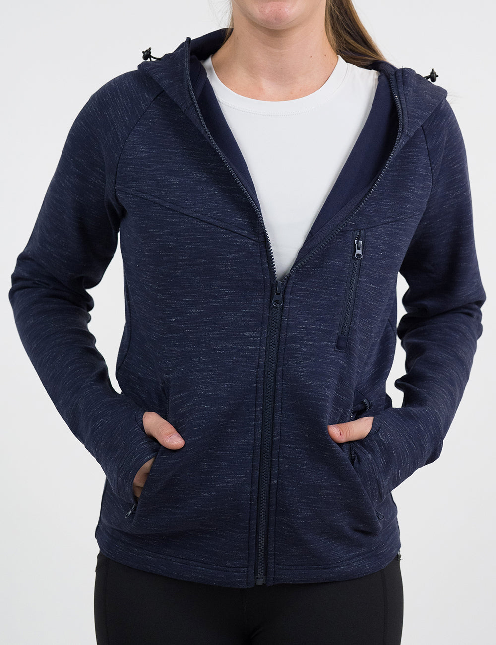 front of the navy blue rest day zip up sweatshirt against a white background