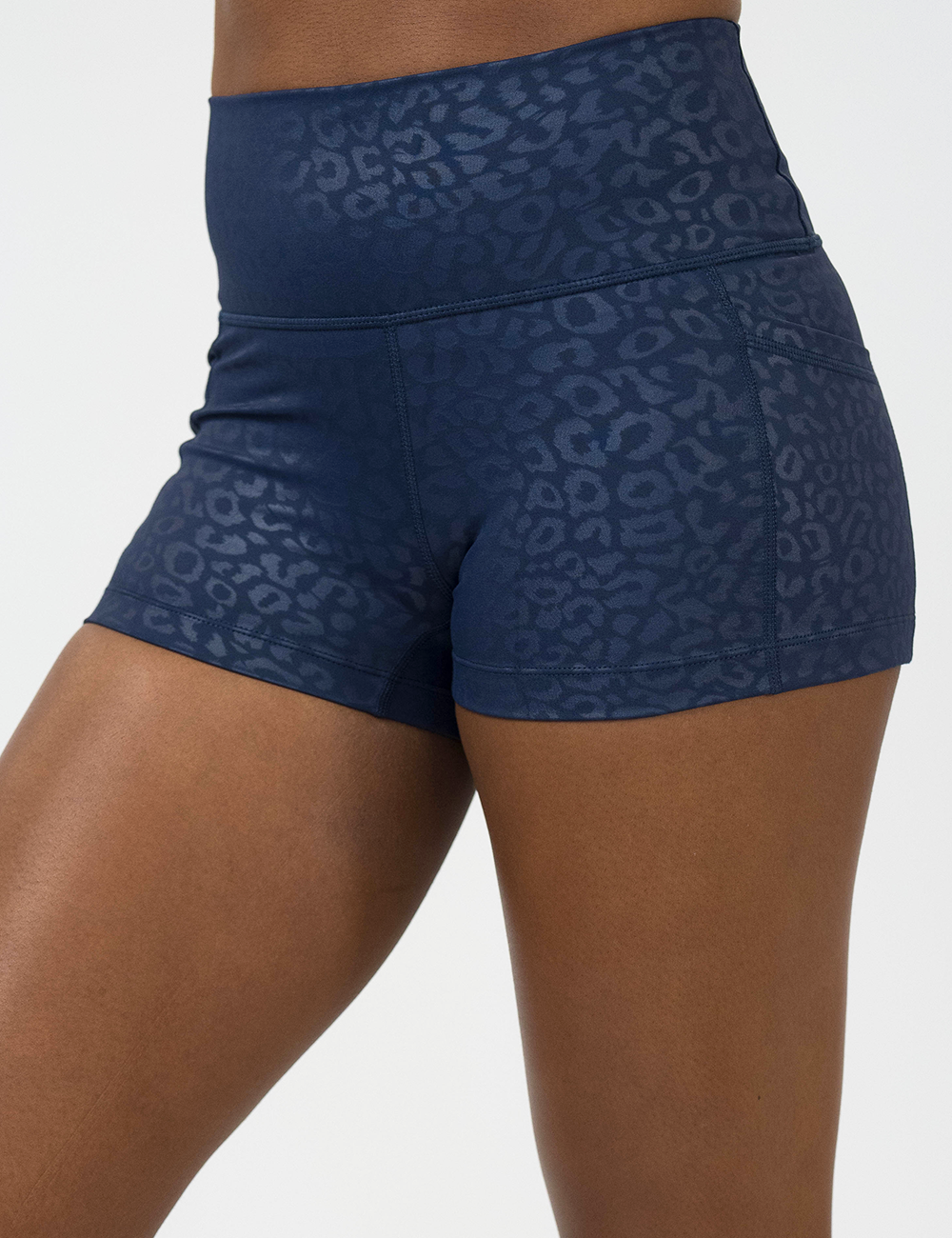 front of the 2.5 inch Blue leopard print patterned shorts against a white background