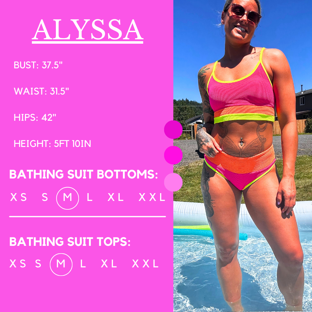 Model’s measurements of 37.5” bust, 31.5” waist, 42” hips and height of 5 ft 10 inches. She is wearing a size medium in our bathing suit