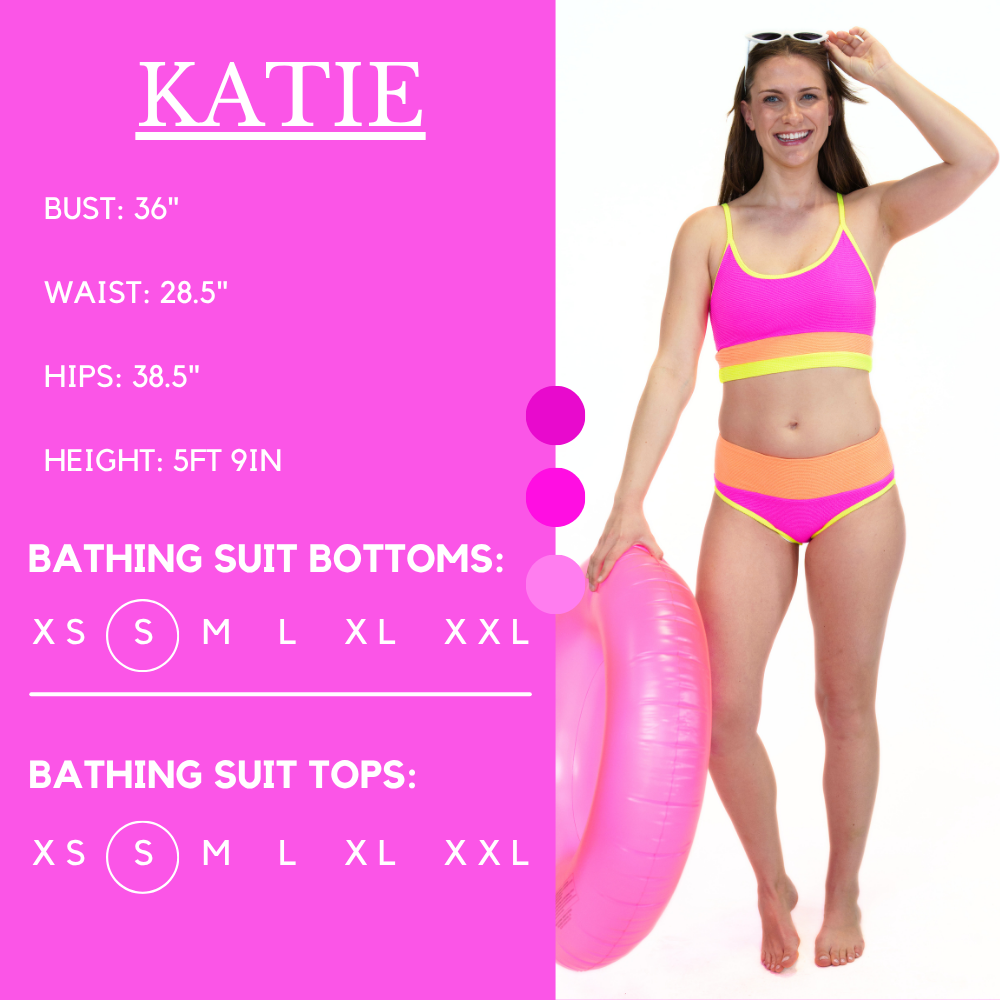 Model’s measurements of 36” bust, 28.5” waist, 38.5” hips and height of 5 ft 9 inches. She is wearing a size small in our bathing suit