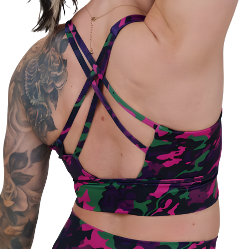 back of the neon camo print sports bra