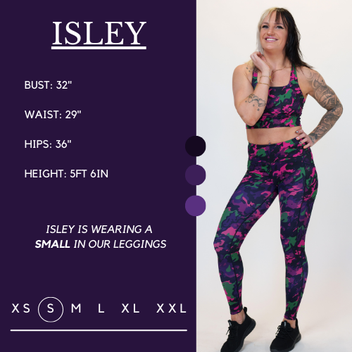 Model's measurements of 32 inch bust, 29 inch waist, 36 inch hips, and height of 5 foot 6 inches. She is wearing a size small in these leggings