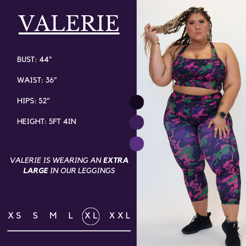 Model's measurements of 44 inch bust, 36 inch waist, 52 inch hips, and height of 5 foot 4 inches. She is wearing a size double extra large in these leggings
