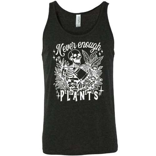 black unisex shirt with the saying "Never Enough Plants" and skeleton graphic on it in white
