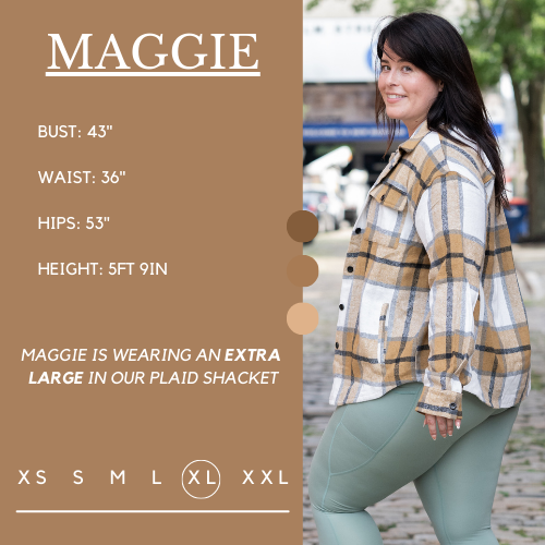 Model's measurements of 43 inch bust, 36 inch waist, 53 inch hips, and height of 5 foot 9 inches. She is wearing a size extra large in this plaid shacket