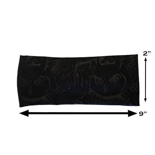 black and grey owl print headband measured at 2 by 9 inches