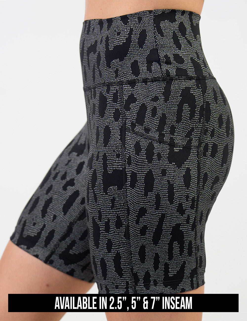 available inseam lengths for the dark spots surrounded by a reflective background shorts, lengths include 2.5, 5, and 7 inches