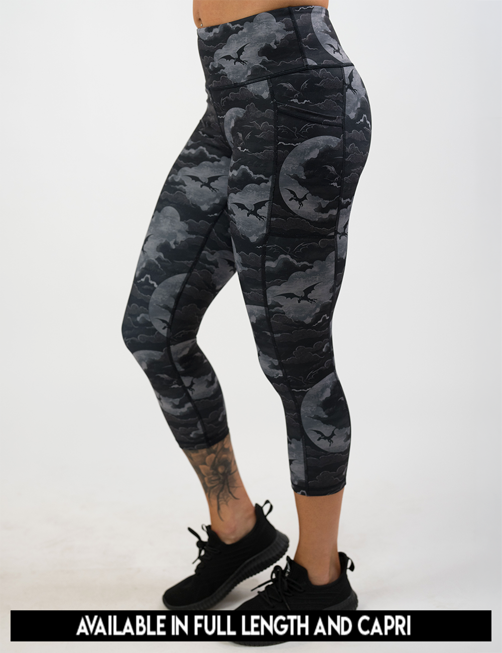 available lengths for the dark dragons against a moonlight night sky leggings, lengths include full length and capri