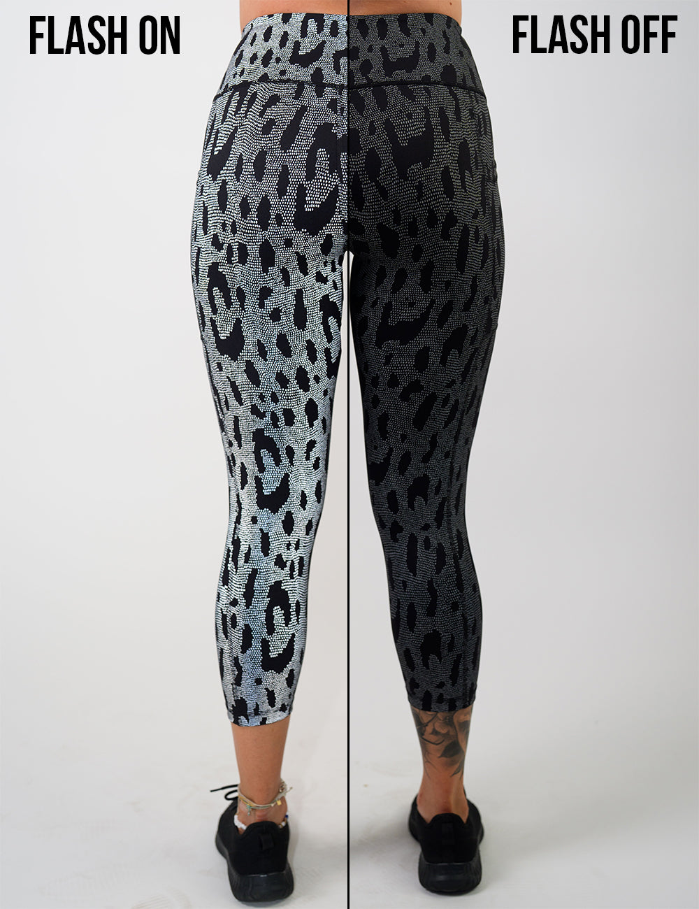 graphic showing the color of the dark spots surrounded by a reflective background leggings with and without the flash being turned on