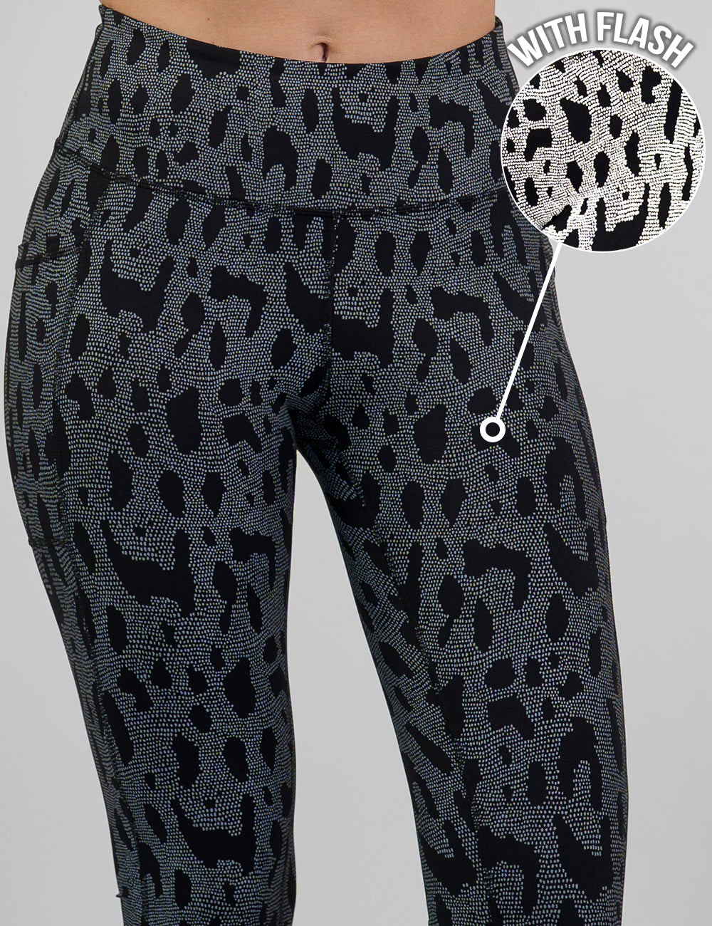 front of the dark spots surrounded by a reflective background leggings with a close up of the reflective detail