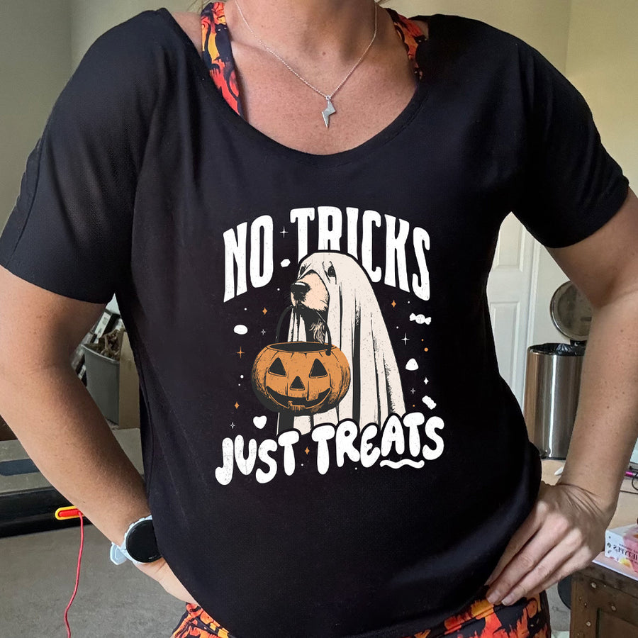 shirt with dog wearing a sheet and a candy bucket in its mouth graphic on it that says "No Tricks Just Treats"