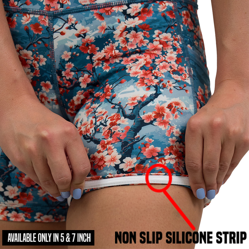 close up of the blooming cherry tree print non slip silicon strip lining available in the 5 and 7 inch inseam sizes