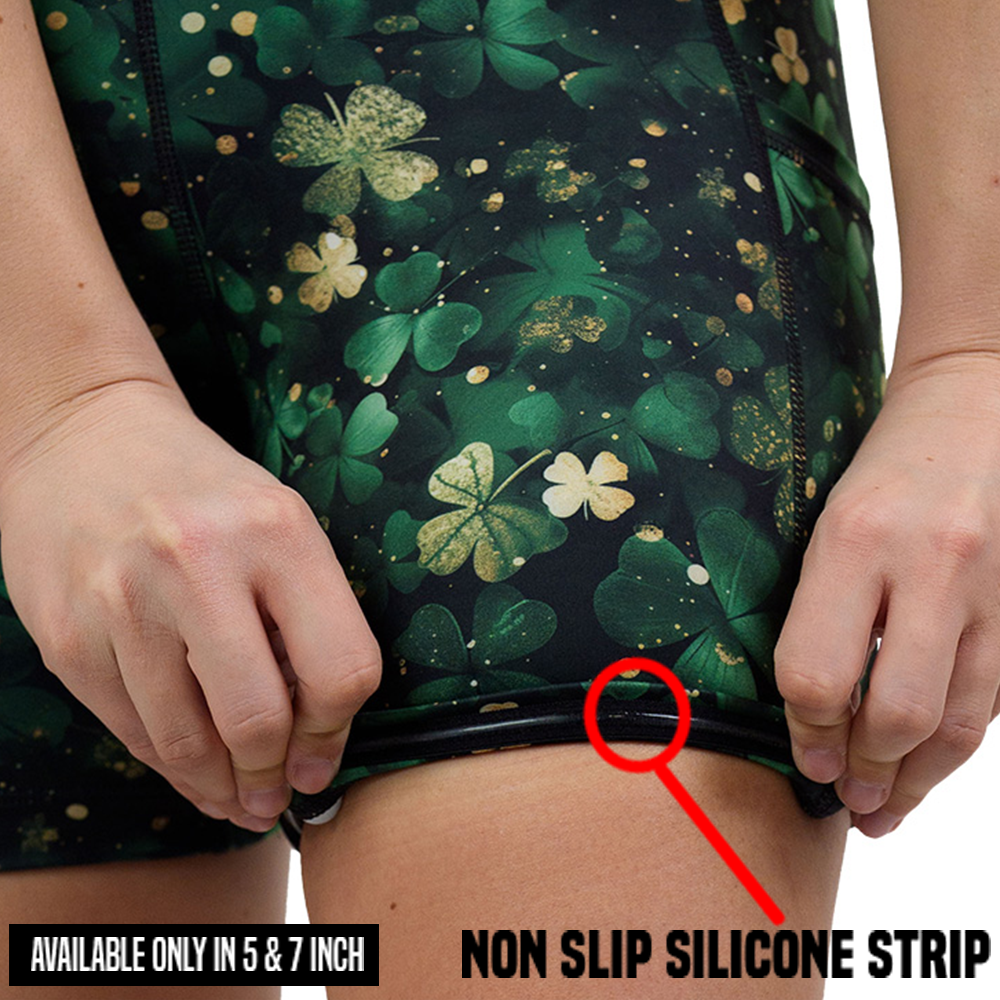 rolled up green and gold shamrock patterned to show the non slip silicone strip found in the 5 and 7 inch sizes only