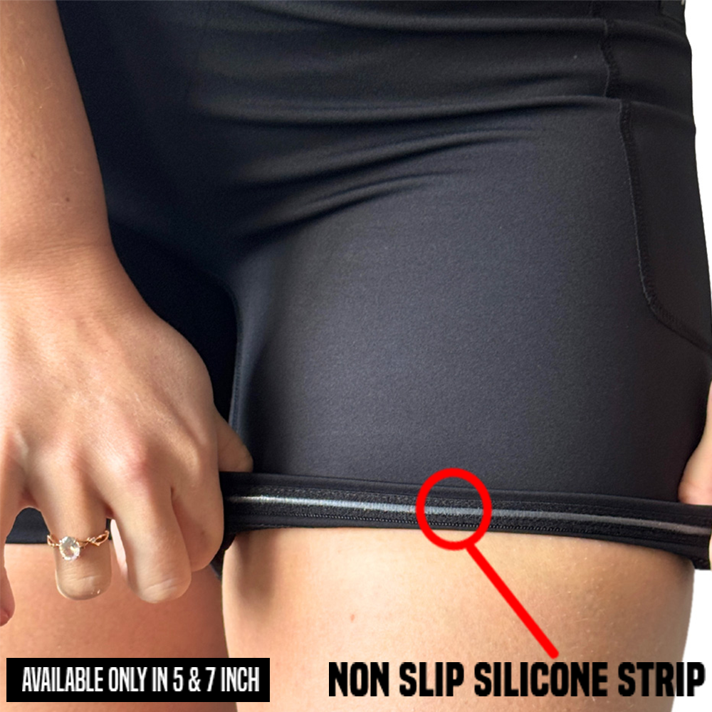 close up of the non slip silicon strip found in the 5 and 7 inch omni black shorts
