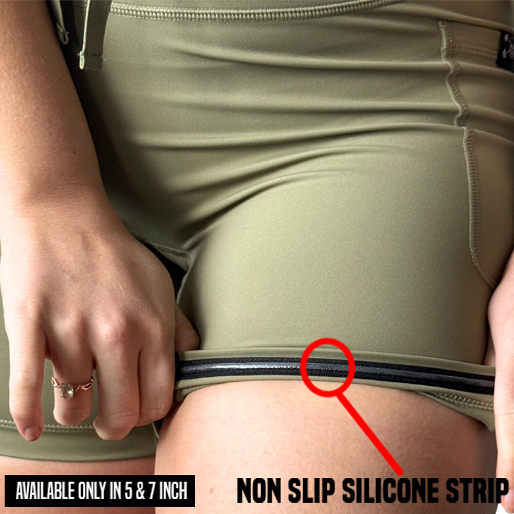 close up of shorts rolled up to show the non strip silicone strip available in the 5 and 7 inch omni green tea shorts