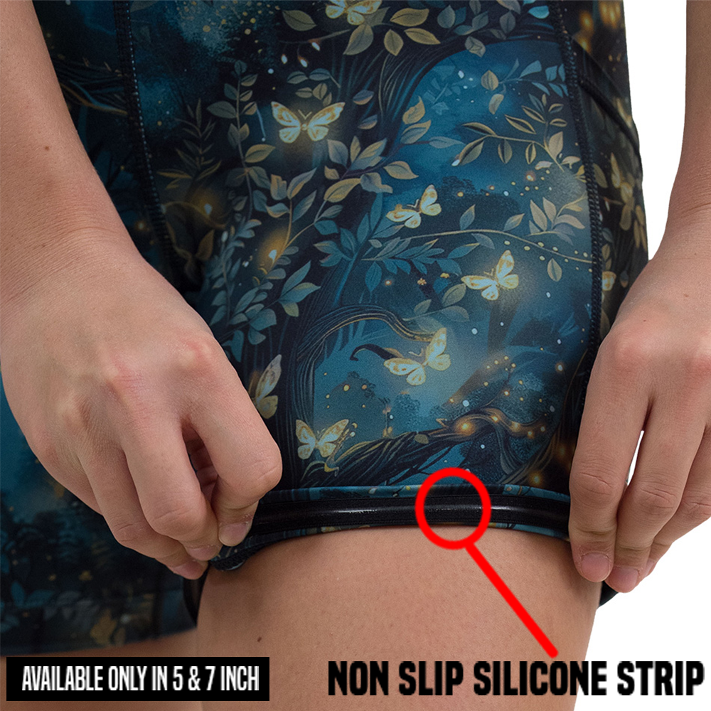 close up of the the non slip silicone strip in the 5 and 7 inch forest filled with firefly's pattern shorts against a white background