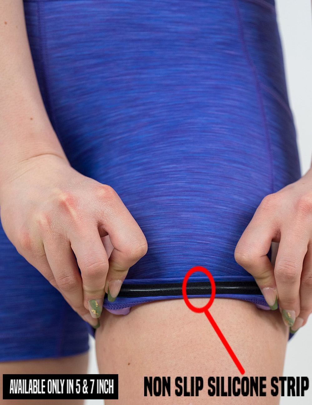 close up of the purple heather pattern being rolled up to show the non slip silicone strip found in the 5 and 7 inch shorts
