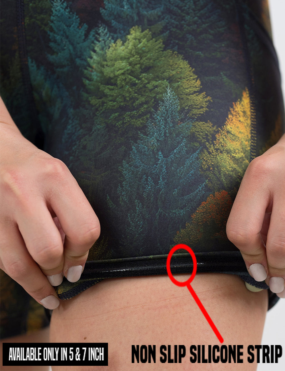 close up of the orange, green, and bluish green trees shorts being rolled up to show the non slip silicone strip found in the 5 and 7 inch shorts