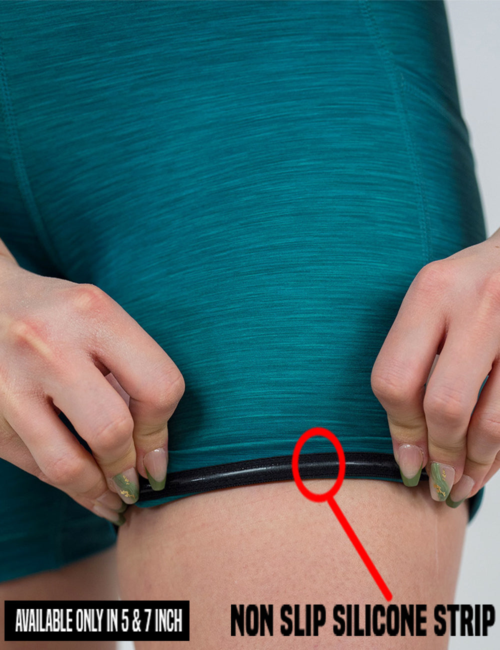 close up of the teal heather pattern shorts being rolled up to show the non slip silicone strip found in the 5 and 7 inch inseam lengths