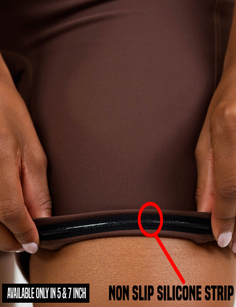 close up of the solid light brown shorts being rolled up to show the non slip silicone strip found in the 5 and 7 inch inseam lengths