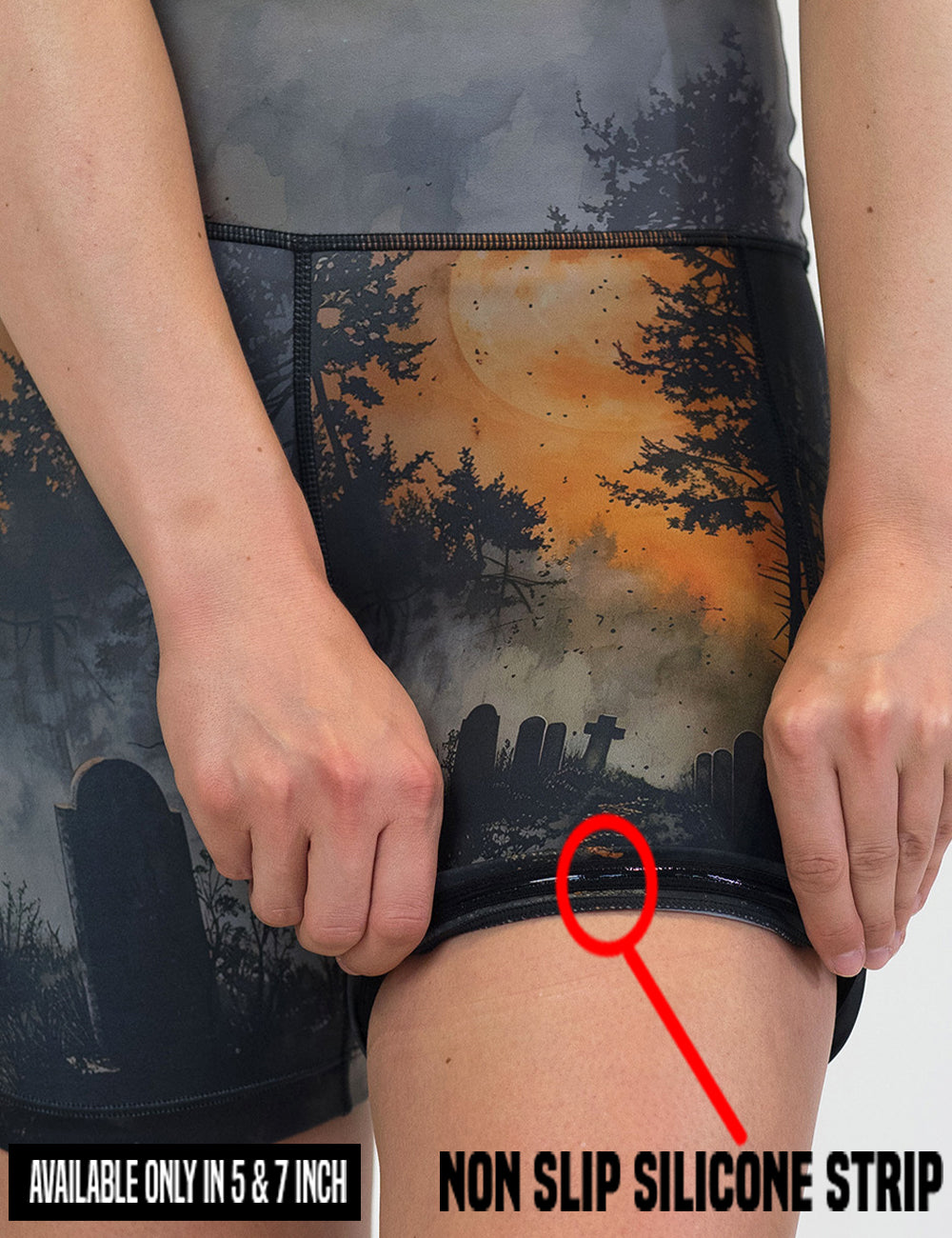 close up of the dark cemetery with a full moon shorts being rolled up to show the non slip silicone strip found in the 5 and 7 inch shorts