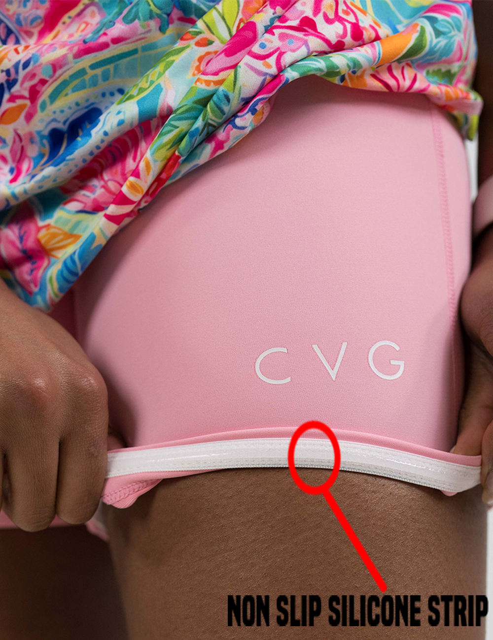 colorful flower dress shorts rolled up to showcase the silicone strip