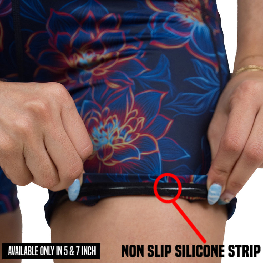 luminous lotus shorts rolled up to show the non slip silicone strip 