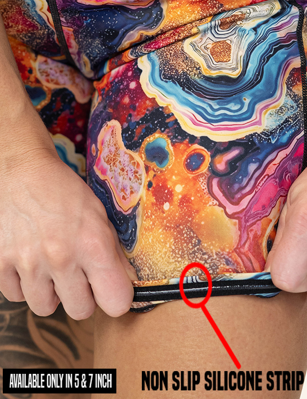close up of the colorful granite shorts being pulled up to show the non slip silicone strip available in the 5 and 7 inch inseam sizes only