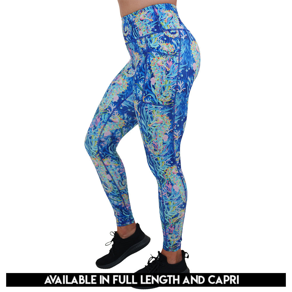 colorful seahorse patterned leggings available in full and capri lengths